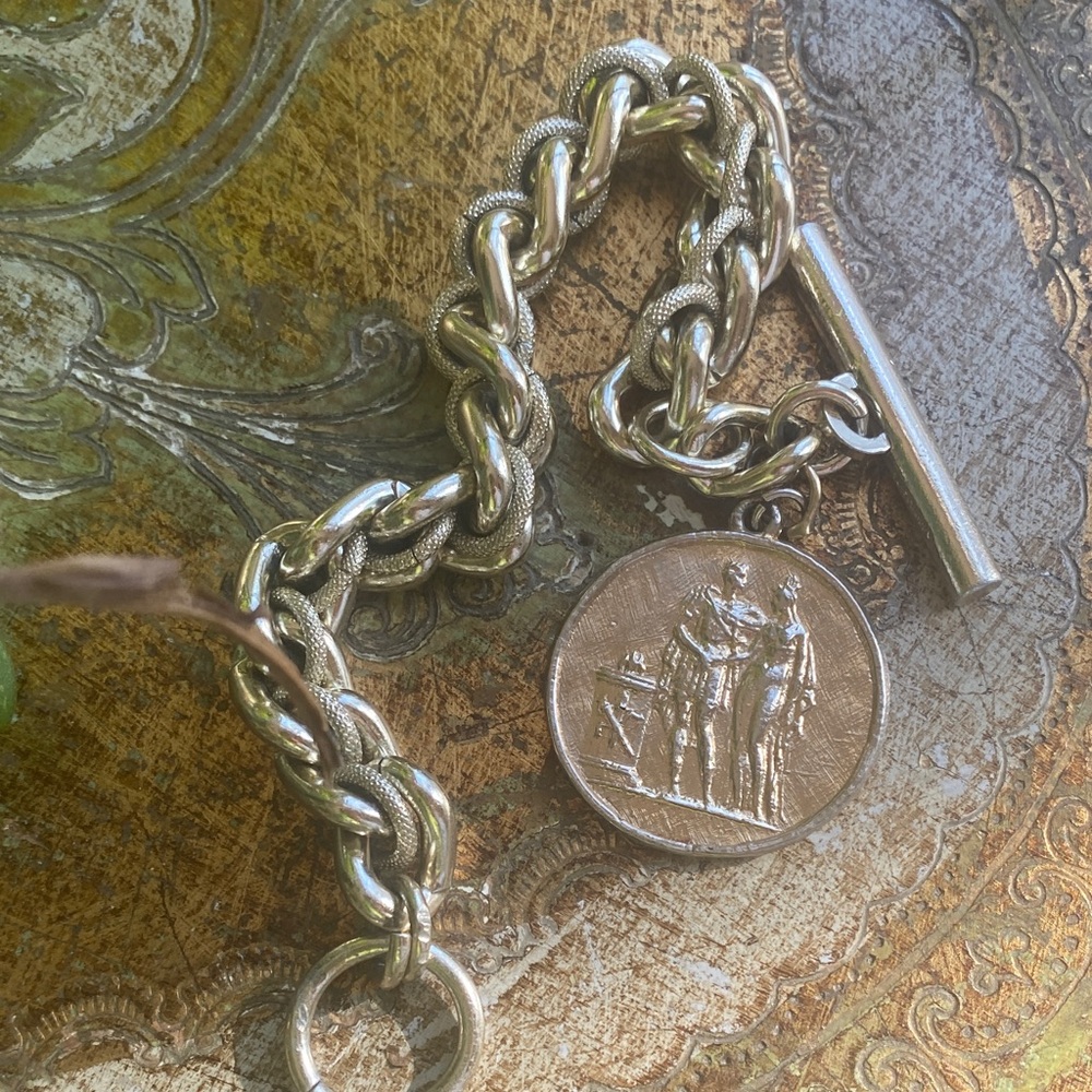Unique Vintage Silver Bracelet with Gold Charm. 8 inch
